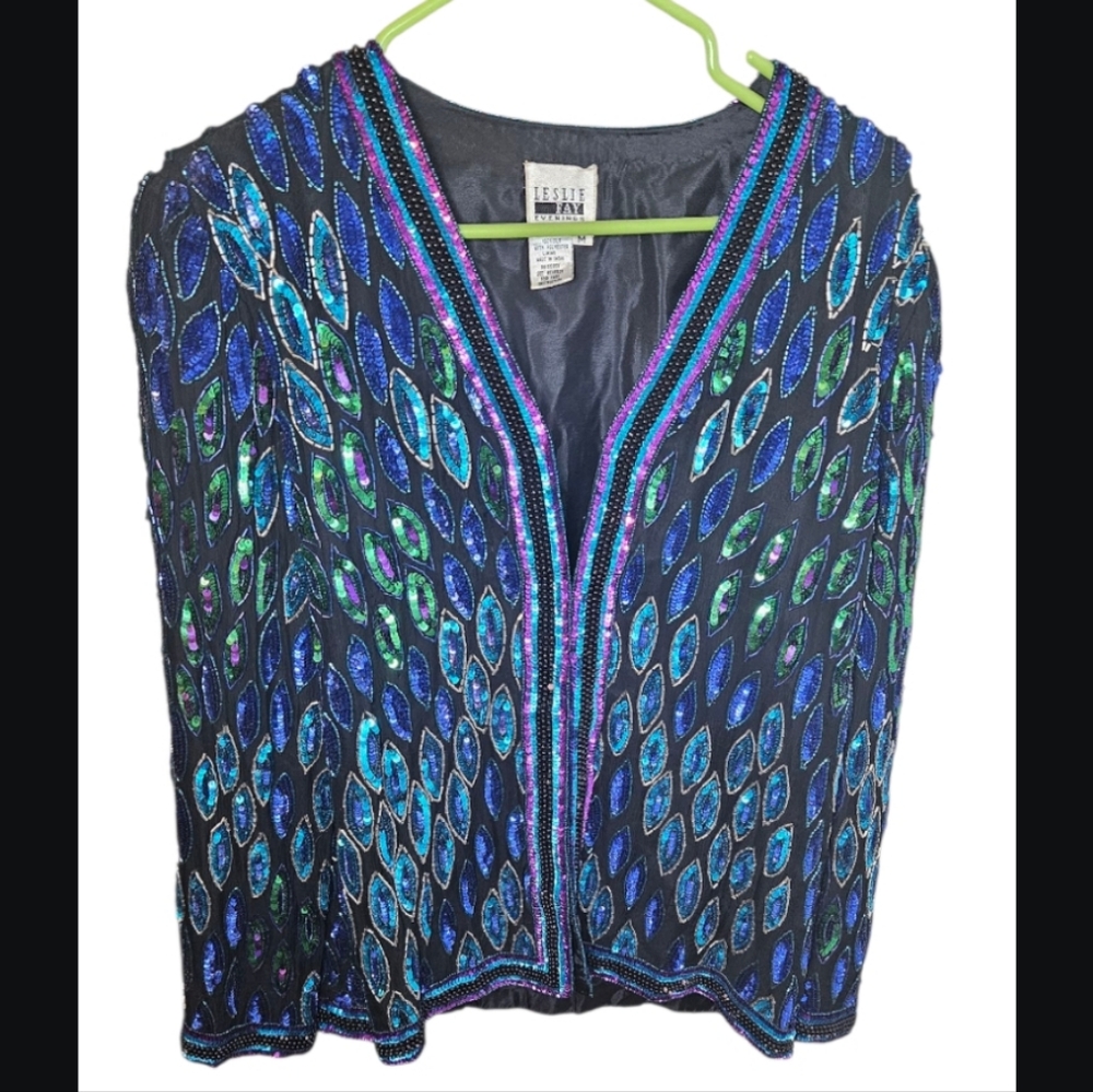 Leslie Fay Black, Blue And Green Sequin Jacket
